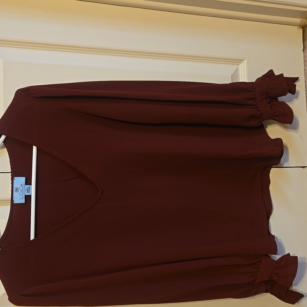 CeCe Women's Deep Red V-Neck Blouse